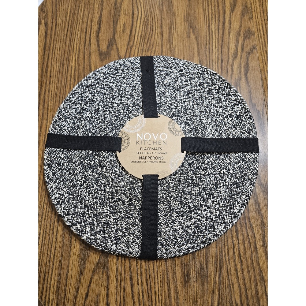 NOVO Kitchen Round Placemats (4) Braided Woven Black & White 50% Cotton 50% Poly